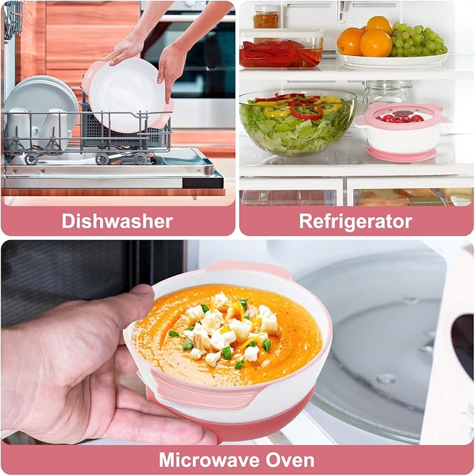 MR. CHOU Suction Baby Bowls with Leakproof Tempered Glass Lids for Babies & Toddlers, Ceramic First Stage Infant Feeding Supplies with Handles, 100% Food Grade Snack Cotainer for Kids, Pink