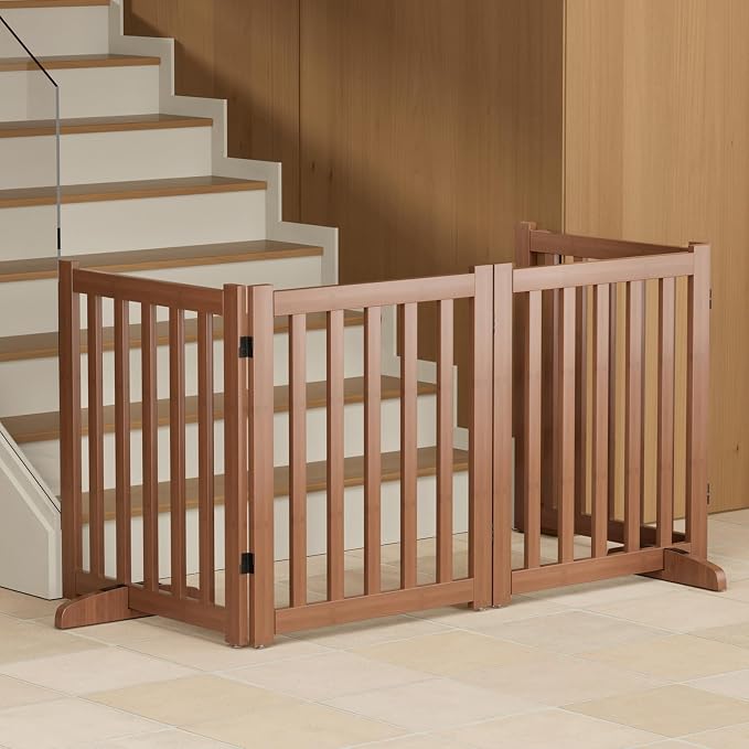 Wooden Freestanding Foldable Dog Gate, 24 Inch Height 4 Panel Pet Gate No Drill for Doorways Stairs, Fully Assembled Indoor Puppy Fence (Brown, 80" W x 24" H)