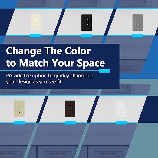 LIDER Interchangeable Face Cover for Decorator Receptacle (LR15-TR), Modern Upgrade, Personalized Colors, Six Outlet Face Covers, White, Black, Gray, Ivory, Light Almond, Brown, 6 Pack