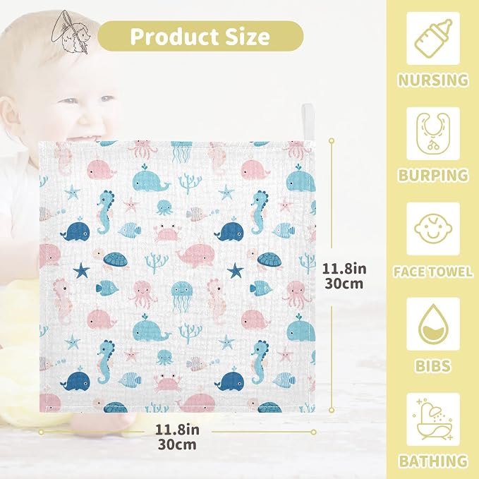 vvfelixl Cute Sea Life Baby Burp Cloths, Baby Muslin Washcloths for Boys Girls, Cotton Baby Face Towel for Newborn Infants Soft and Absorbent 11.8 X 11.8 in, 5 Pack