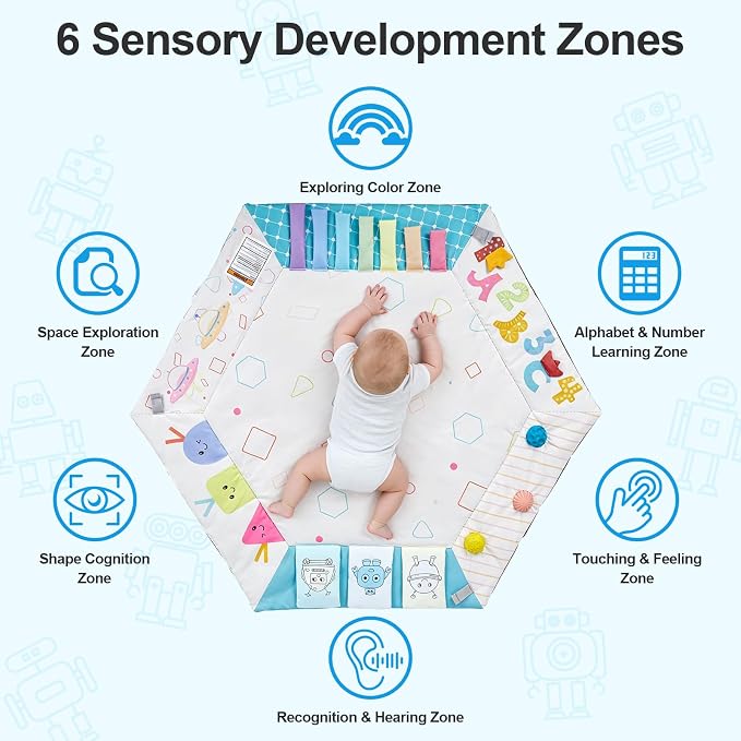 Baby Play Gym Activity Mat with Multiple Developmental Zones, Stage-Based Play for Infant Motor Skills, 5 Detachable Sensory Toys, Easy to Install & Clean, Baby Essentials Shower Gift