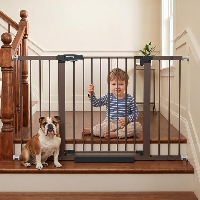 Mumeasy 29.7–51 Inch Extra Wide Baby Gate for Stairs, Extra Long Indoor Dog Gate for Doorways, Pressure Mounted Walk Thru Child Gate with Auto-Close, No-Drill Safety Pet Gate with Door for House,Brown