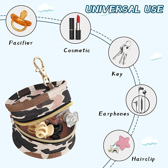 Pacifier Holder with Clip Pacifier Case for Diaper Bag Round Baby Pacifier Pouch Box Bag Portable Cow Skin Print Brown