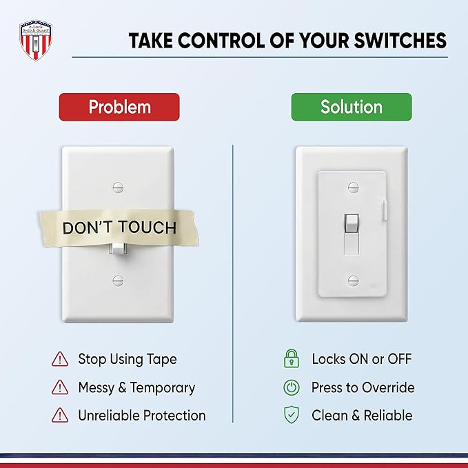 eLock Switch Guard for Toggle Switches | Child Proof Light Switch Lock with ON/OFF Push Button | Made in USA | Protect Devices, TV's, Security Camera, Gas Fireplace | Safety Cover | White | 4 Pack