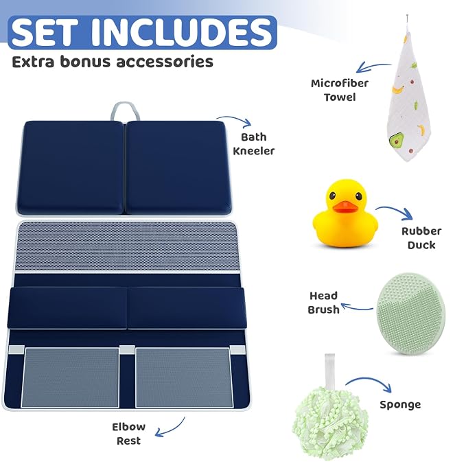 Sleepah Bath Kneeler and Elbow Kneeling Rest Pad Set for Baby Bathing – Waterproof Soft Memory Foam Mat Organizer Babies & Toddler Bathing Time Toys Sponge (Blue)