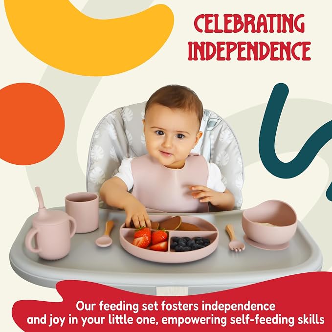 Tygo Silicone Baby Feeding Set – Complete Self-Feeding Set with Suction Plate, Spill-Proof Bib, Wooden Spoon & Fork, Leak-Proof Cups – Encourage Independence, Healthy Eating in Infants and Toddlers