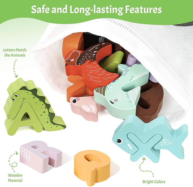 Wooden Alphabet Puzzle for Kids Ages 3-5 - 52pcs ABC Animal Matching Game with Storage Bag, Montessori Learning Toys, 3D Letter Recognition Puzzle, Non-Toxic Educational Gift for Toddlers
