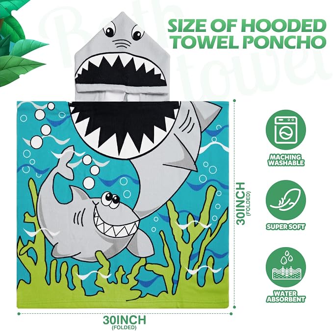 Chumia 3 Pack Kids Hooded Beach Poncho Towels Toddler Swim Pool Bath Towels with Hood Thicker Cotton Absorbent Cover up for Boys Girls Baby(59 x 30 Inch,Shark, Dinosaur)