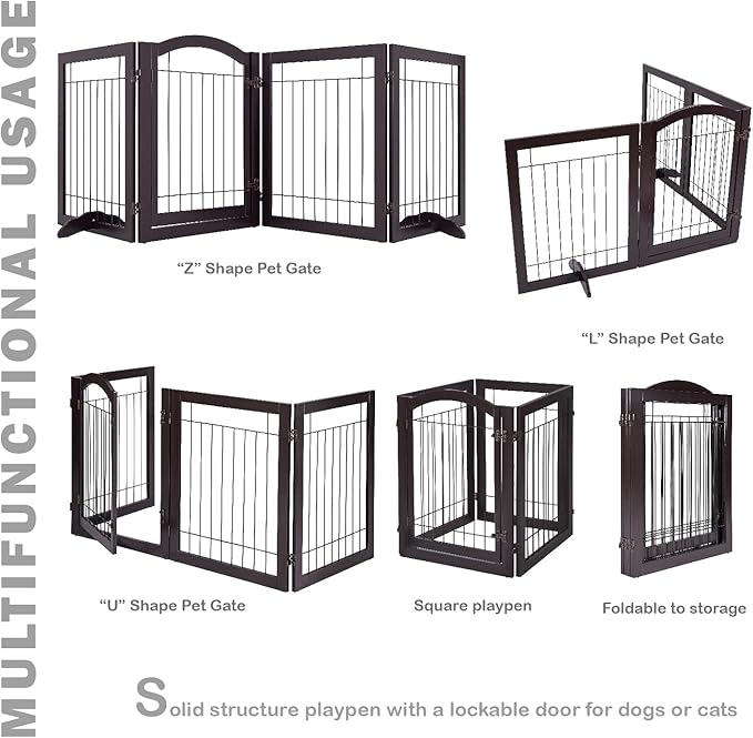 SPIRICH 96-inch Extra Wide 30-inches Tall Dog Gate with Door Walk Through, Freestanding Wire Pet Gate for The House, Doorway, Stairs, Pet Puppy Safety Fence, Support Feet Included(Espresso)