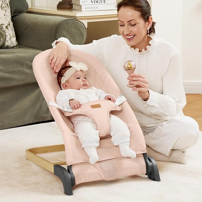 Foldable Baby Bouncer, Baby Seat with 3 Adjustable Heights, Portable Newborn Rocker, Ergonomic Bouncy Seat for Natural Bounce, Bouncer for Babies 0-6 Months, Soft Mesh (Mesh Pink)