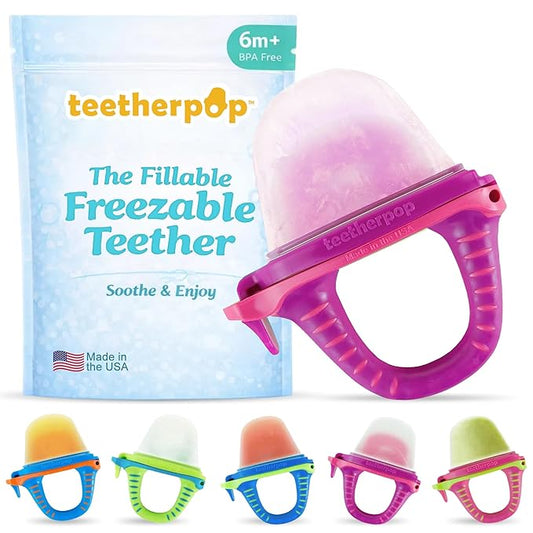 Teetherpop Fillable Freezable Teethers for Babies - Breastmilk Teether with Spill-Proof Sippy Slits ??Teething Popsicle for Baby, Liquids & Purées, Cooling Teething Relief Feeder Pacifier - Fuchsia