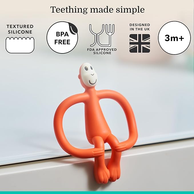 Matchstick Monkey Silicone Teether & Gel Applicator ??Silicone Baby Teether, Easy-to-Grip, BPA-Free, Supports Self-Soothing & Early Brushing, 3 Months+, 4 Inches, Orange