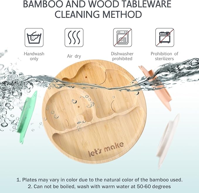 let's make Suction Plates for Baby & Toddler, Bamboo Divided Platter Feeding Dishes with Silicone Fork& Spoon, All-Natural Baby Food Plate Stays for Baby-Led Weaning, Non-Slip Design