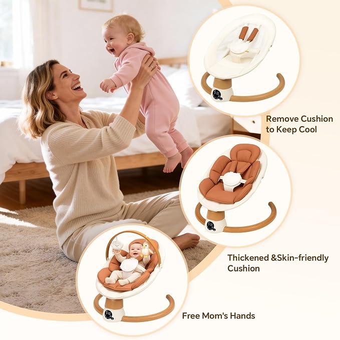 Baby Swings for Infants | Electric Portable Baby Swing with Bluetooth, 5 Swing Speed, 3 Timer Settings, 10 Melodies, 5-Point Harness & Remote Control | Indoor & Outdoor Newborn Swing (Brown)