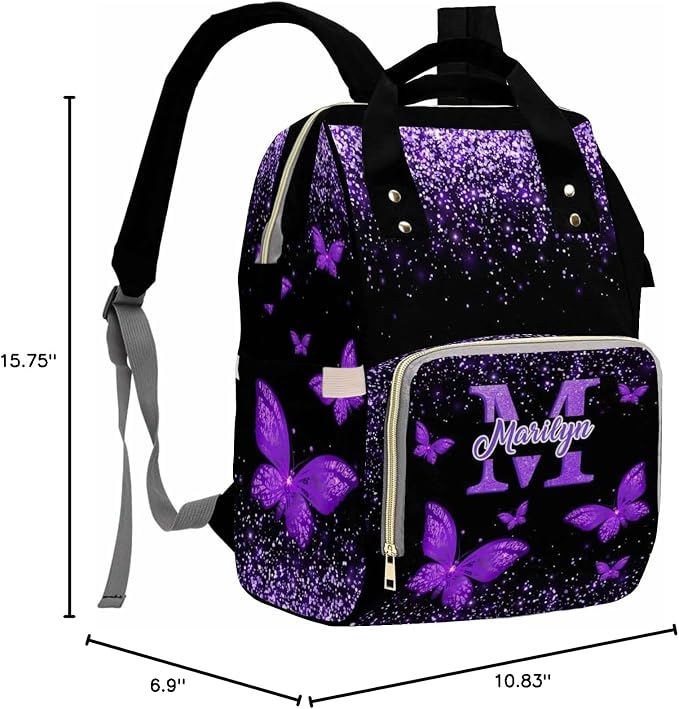 MyPupSocks Custom Diaper Bag with Butterfly Personalized Name Multifunctional Mommy Backpack for Daughter Granddaughter, Daypack Bag for Travel