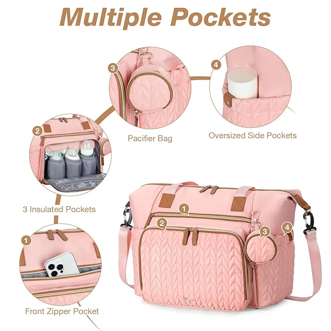 Diaper Bag Tote, Large Diaper Bags Waterproof, Hospital Bag for Labor Delivery, Baby Bag with Pacifier Case, Travel Diaper Tote with Changing Pad, Pink