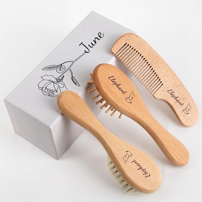 Personalized Baby Hair Brush & Comb Set with Soft Goat Bristles,Custom Laser Engraved Name,Newborn Grooming Kit with Birth Flower Gift Box (June)
