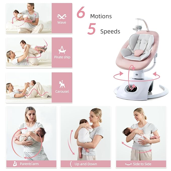 VaVaSoo Baby Swing for Infants Mamroo Electric Automatic Multi Motion Newborn for Girl & Boy with Remote Control, 5 Speed, 13 Melodies, Light Gray (Pink)