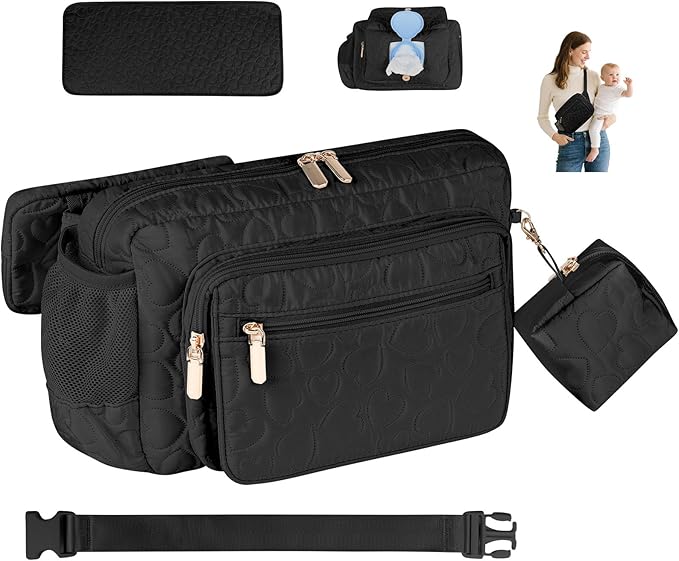 Rexmore Puffer Quilted Fanny Pack Diaper Bag for Mom - Women?˜s Compact Crossbody Purse with Portable Changing Pad & Wipes Pouch, Travel & Quick Errand Baby Essentials Organizer(Black)