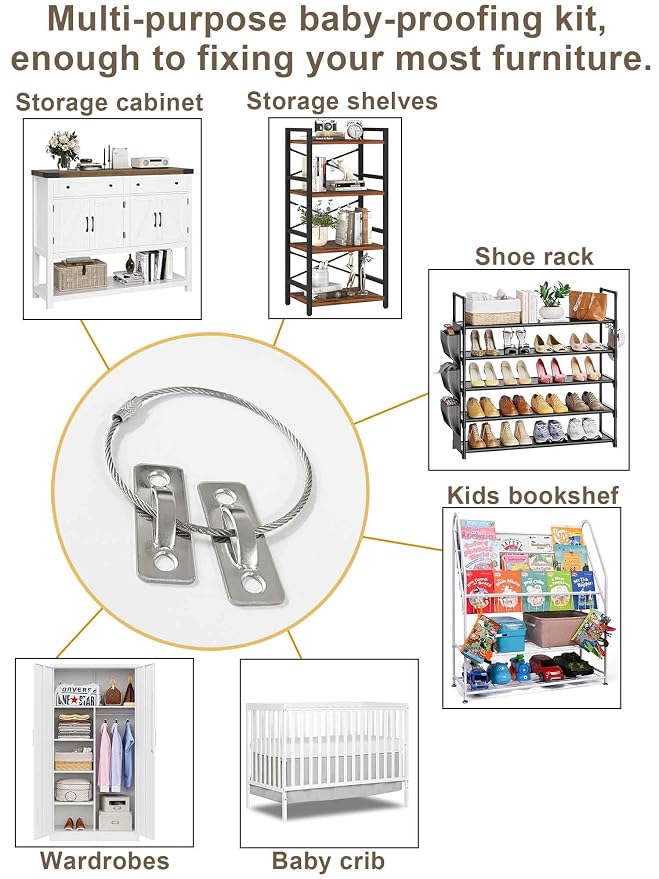 6 Sets Anti Tip Furniture Anchors for Baby Proofing, Earthquake Straps, Furniture Secure to wall Anchors, Childproof and Home Safety, 16in