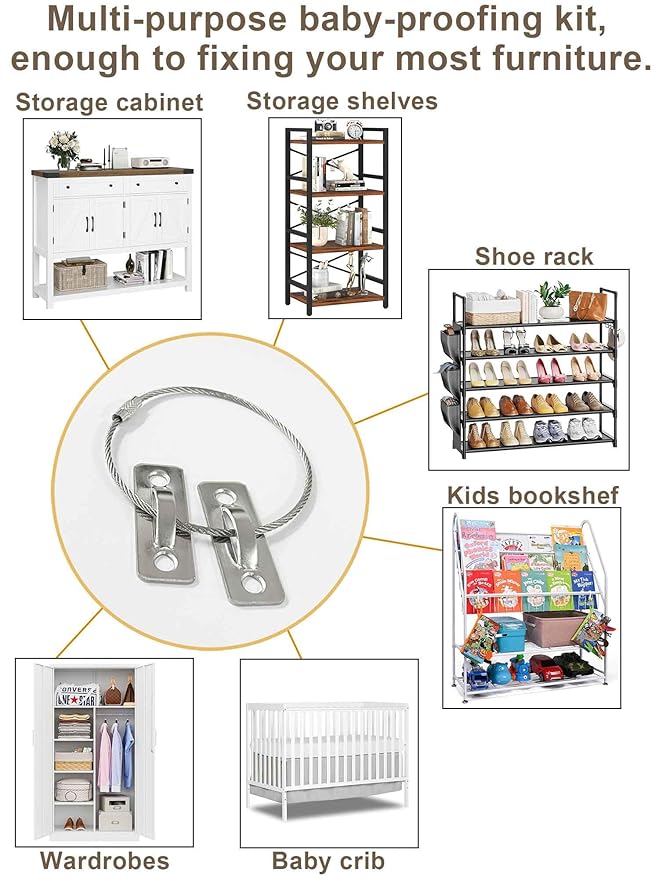 12 Sets Anti Tip Furniture Anchors for Baby Proofing, Earthquake Straps, Furniture Secure to wall Anchors, Childproof and Home Safety, 10in