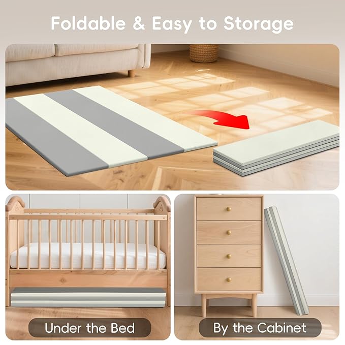 Suihuooo Baby Play Mat Foldable, 1.2" Thick Waterproof Playmats for Floor, Thicken Foam Playmat for Tummy Time, 47x47 Playpen Mat, Portable Baby Floor Mat for Infant, Toddler, Beige & Gray