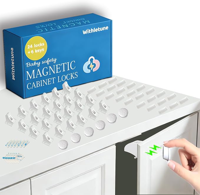 Magnetic Cabinet Locks Baby Proofing (24 Locks + 6 Keys) - Baby Latches for Cabinets, Suitable for Kitchens Cabinets, Drawer and Dresser - No Drilling Required, Adhesive Installation