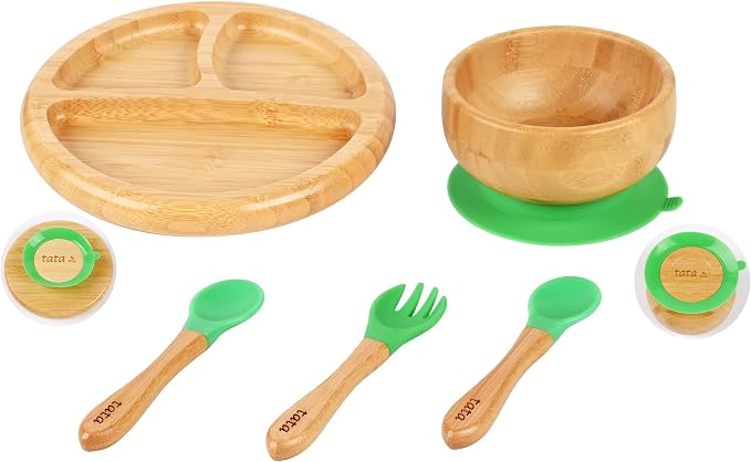 TATA AMG® Bamboo Suction Plate & Bowl with Fork and 2 Spoons | Divided Wooden Feeding Dish for Toddlers | BPA-Free Baby Led Weaning (BLW) Utensil Set