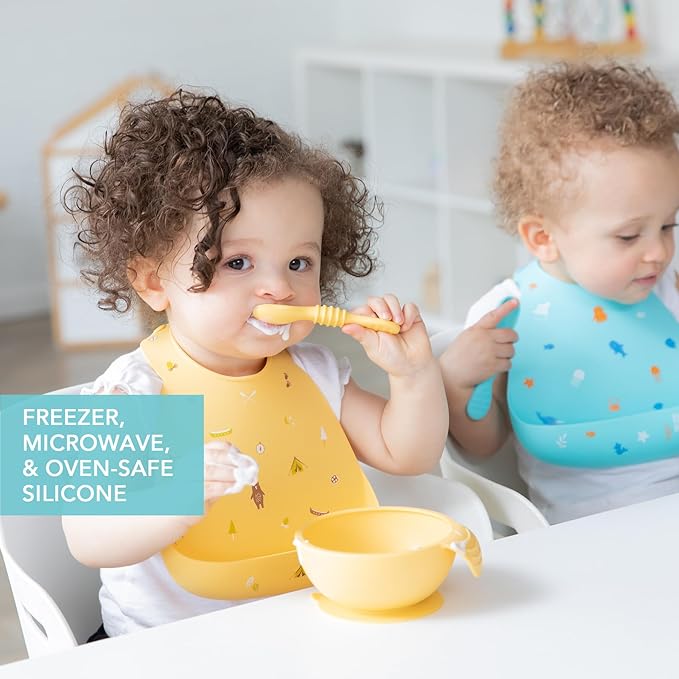 Bumkins Baby Bowl, Silicone Feeding Set with Suction for Baby and Toddler, Includes Spoon and Lid, First Feeding Set, Training Essentials for Baby Led Weaning for Babies 4 Months Up, Pineapple