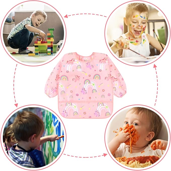 Accmor 4 Pack Long Sleeve Bibs, Baby Smock Waterproof Sleeved Bib Smock for Baby Toddler 6-36 Months