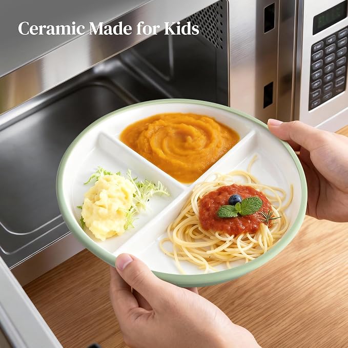 DOWAN 7.8'' Ceramic Toddler Suction Plates, 4 x Divided Baby Plates with Silicone Sleeve, Lead-Free Unspill for Self-Feeding, Microwave & Dishwasher Safe, Easy Release, for Home/High Chair/On-the-Go