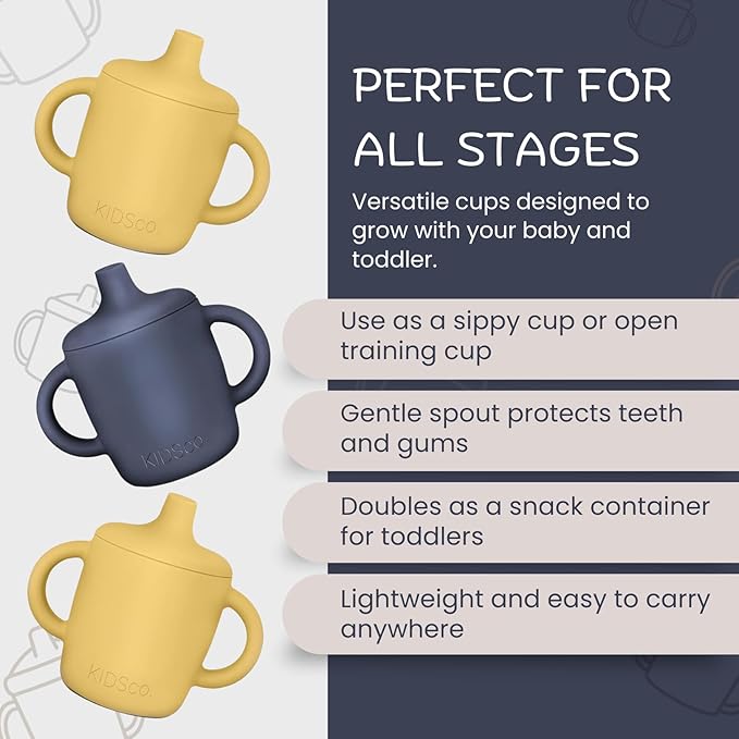 KIDSco. Silicone Sippy Cups (2 Pack) ??Soft Spout & Easy Grip Handles for Babies 6+ months, Plastic Free, Toxic Free Silicone, Leak-Resistant, Dishwasher Safe (Midnight Blue & Canary)