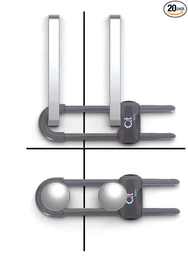 QT BABY - 20 Pack - Baby Proofing Cabinet Locks Adjustable U Shaped Baby Safety Latches for Drawers, Fridge, Closet Modern Baby Proofing Cabinet Lock with Extra Secure Lock Buttons (Thunder Grey)
