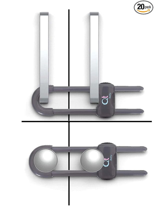 QT BABY - 20 Pack - Baby Proofing Cabinet Locks Adjustable U Shaped Baby Safety Latches for Drawers, Fridge, Closet Modern Baby Proofing Cabinet Lock with Extra Secure Lock Buttons (Thunder Grey)