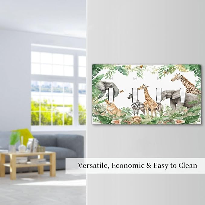 Tropical Leves Safari Animals Giraffe Elephant Zoo Light Switch Covers Quad Toggle Electrical Faceplate 4 Gang Wall Plate Decorative Switch Plates Cover for Kids Room Nursery Decor