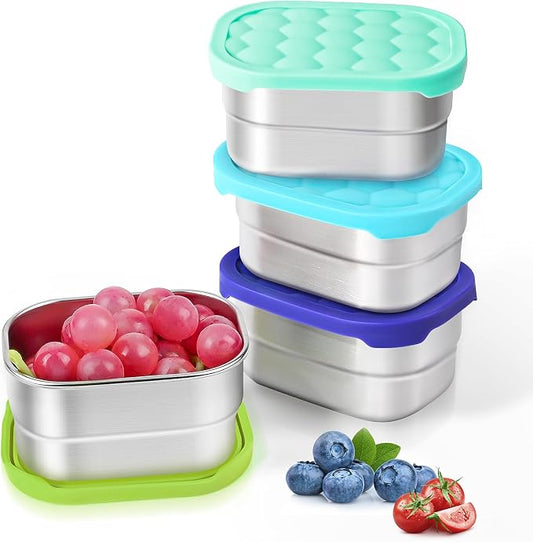 Tanjiae 4Pack 8oz Small (1 CUP) Stainless Steel Snack Containers for Kids | Reusable Easy Open Toddler Snack Containers with Silicone Lids | Stackable Toddler Lunch Box for Daycare, School and Travel