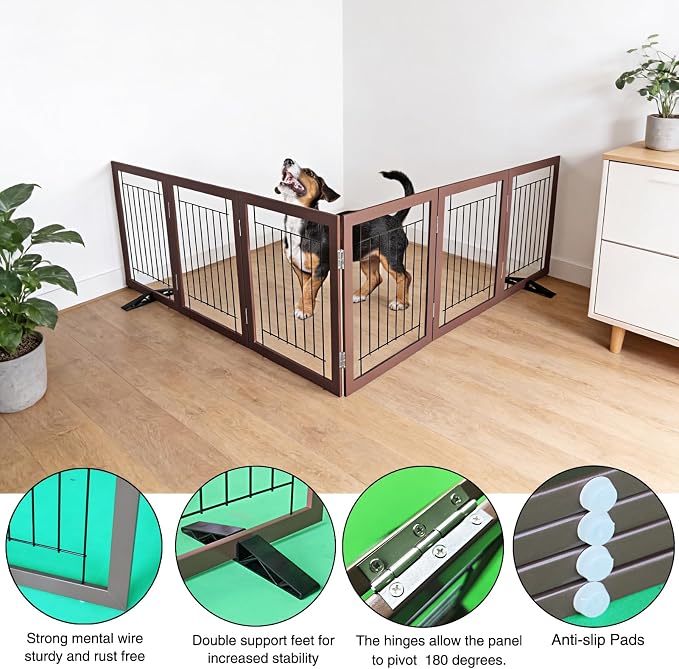 Dog Fence Indoor - 6-Panel Freestanding Dog Gate for Doorways, Hallways, House or Stairs -120x24-Inch Retractable Foldable Expandable Wood Pet by SFJC (Brown)