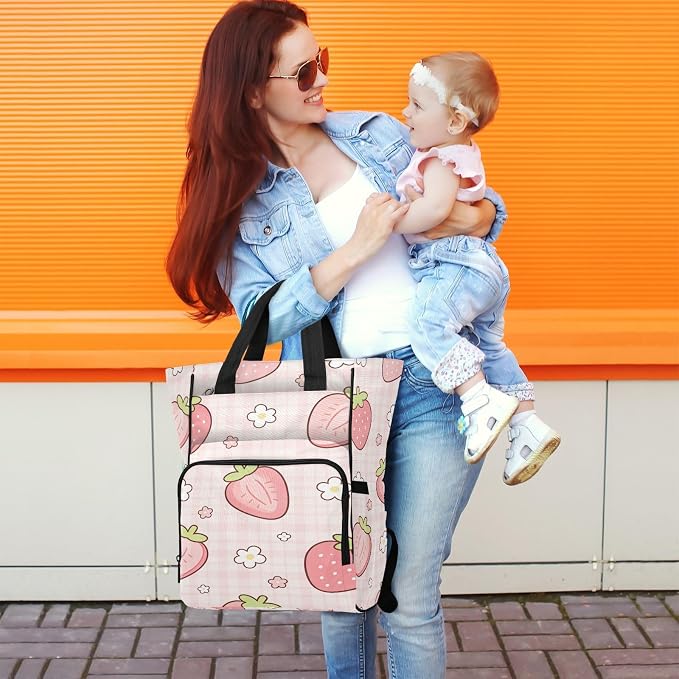 Personalized Sliced Strawberry Pink Plaid Diaper Bag Travel Large Cap Mom Dad