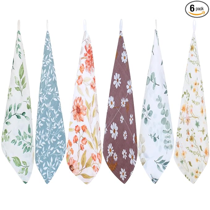 LifeTree Baby Muslin Washcloths, Soft 6 Pack Baby Wash Cloths Unisex for Boys Girls, 70% Viscose from Bamboo and 30% Cotton Bath Face Towels, Bibs for Newborn with Sensitive Skin, 10.6x10.6 inches