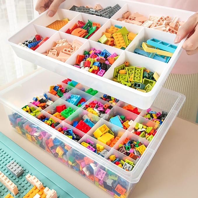 Toys Storage Organizer Box for Lego, Toy Storage Box with Building Plate Lid and Removable Tray, Building Block Storage, Stackable Plastic Organizer Bins(Yellow)