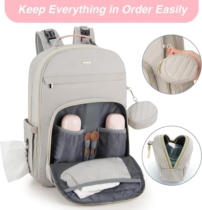 MOMUVO Diaper Bag Backpack, Quilted Baby Bag with Changing Pad and Stroller Straps and Pacifier Case, Multifunction Waterproof Travel Diaper Bags, Unisex, Light Grey and Pink