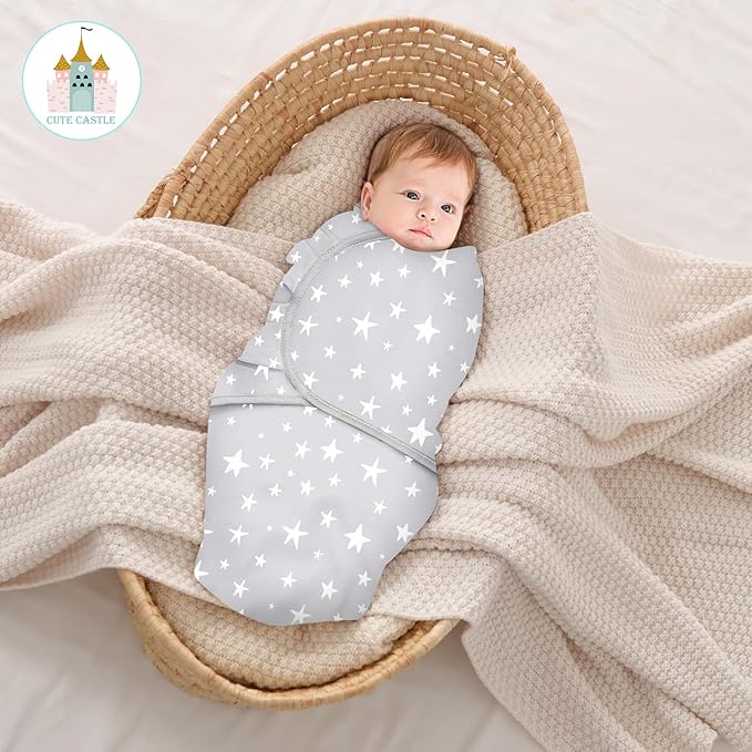 Cute Castle 3-Pack Baby Swaddle Sleep Sacks - Newborn Swaddle Sack - Ergonomic Baby Swaddles Blanket Warp for Boys and Girls - Baby Essentials (0-6 Months - Gray, Letters, Stars)