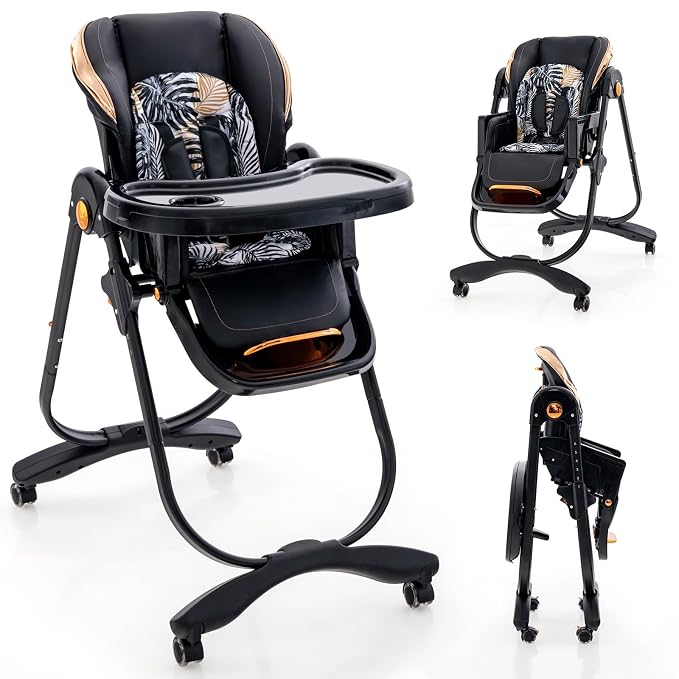 BABY JOY High Chair, Foldable Baby High Chair with Adjustable Height, Backrest & Footrest, Double Removable Tray, Portable Chair with Wheels for Babies & Toddlers of 6-36 Months (Black)