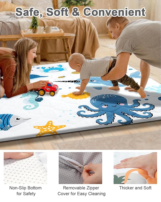 TINYHARBO Premium Foam Baby Play Mat 50x50 ??Removable & Machine Washable Cover, Extra Thick Padding Playpen Mat, Non-Slip Crawling Mat, Easy to Clean for Infants, Toddlers & Babies