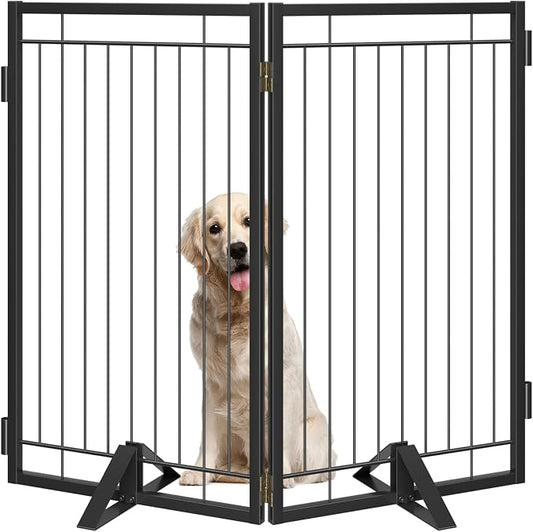 Full Metal Freestanding Dog Gate with Cat Door for Indoor & Outdoor,32" Tall Foldable Dog Fence,40" Extra Wide Free Standing Pet Gate for Large Openings,Stairs,Deck,Yard,Doorways(2 Panels,Black)
