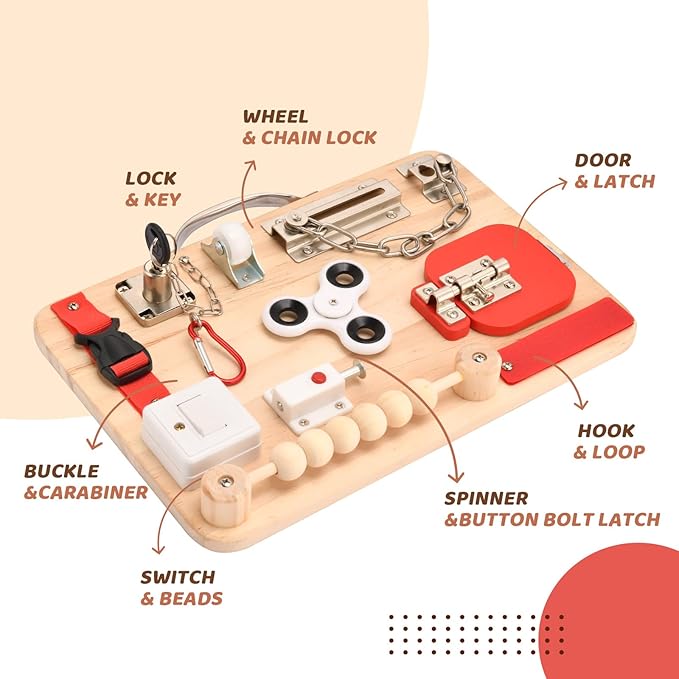 Potatomato Montessori Busy Board for Toddlers - Wooden Educational Fidget Toys - Autism Sensory Products - Activity Board for Kids Baby Boys Girls, ADHD- Fine Motor Kids Travel Toys
