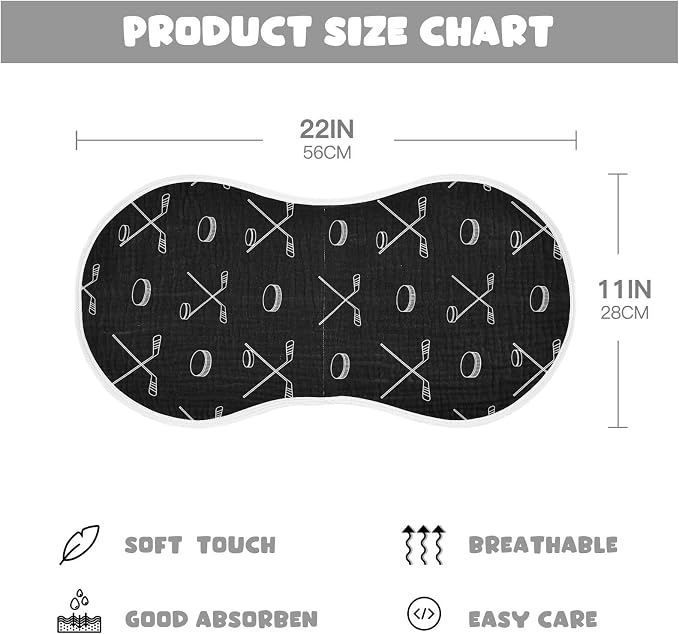 2 Pack Muslin Burp Cloths Ice Hockey Black Print Cotton Baby Burp Cloths Ultra Absorbent Burping Cloth Soft Spit Up Rags for Newborn Must Haves, Large 22" x 11"