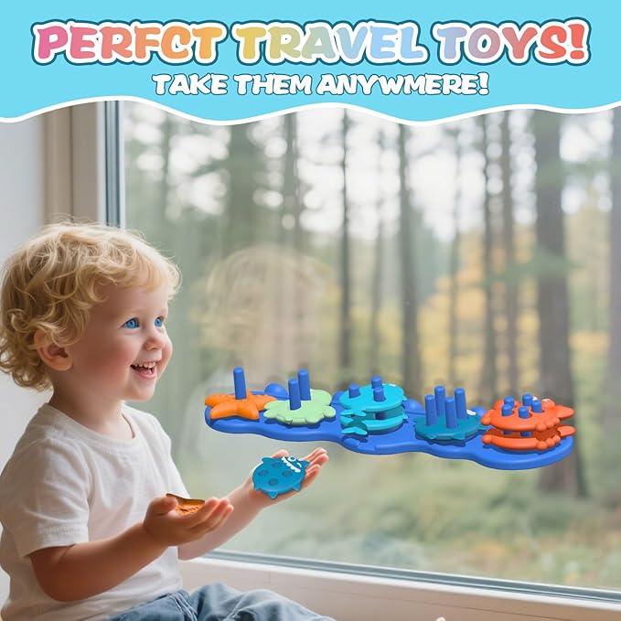 Silicone Baby Bath Toys ??Stackable, Shape-Sorting Floating Set with 10 Mold-Free Textured Pieces, No-Hole Design ??Early Learning Bathtub Toys for Toddlers and Kids