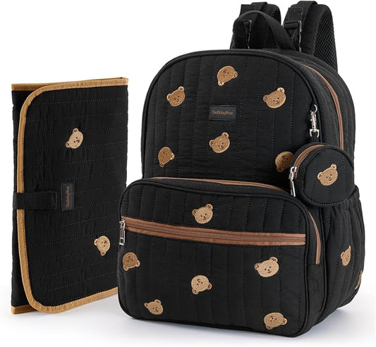 GOBABYMART Large Diaper Bag Backpack with Changing Pad, Insulated Bottle Pockets, Travel & Hospital Bag for Mom & Dad (Small - Black Bears)