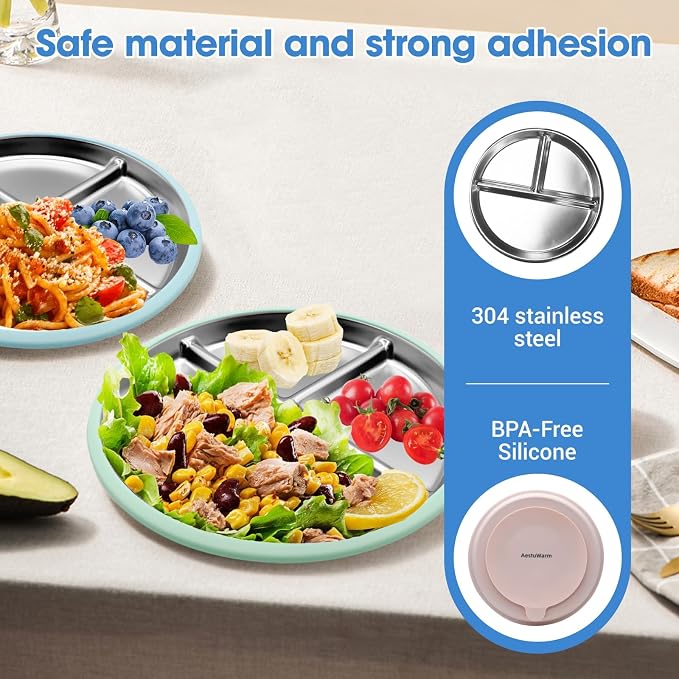 4-Pack Stainless Steel Baby Suction Plates, 9-Inch Toddler Divided Plates with Extra-Large Non-Slip Silicone Suction Base | Baby, Toddler, Kids| Dinner & Snack Plates | Dishwasher Safe